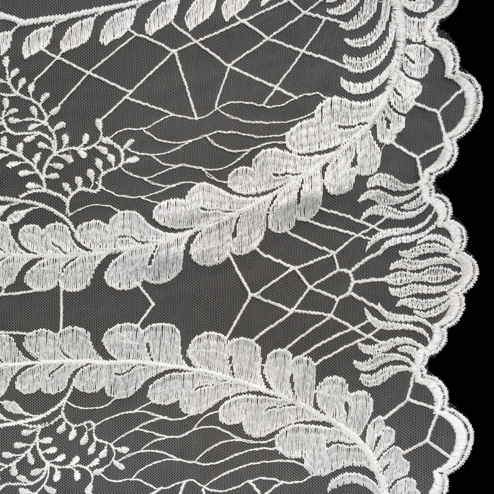 Embroidered Lace Tulle with Finished Scalloped Edges - Off White Fern Leaves, Plants and Spider Webs Embroidered Lace Tulle with Finished Scalloped Edges - Off White Fern Leaves, Plants and Spider Webs