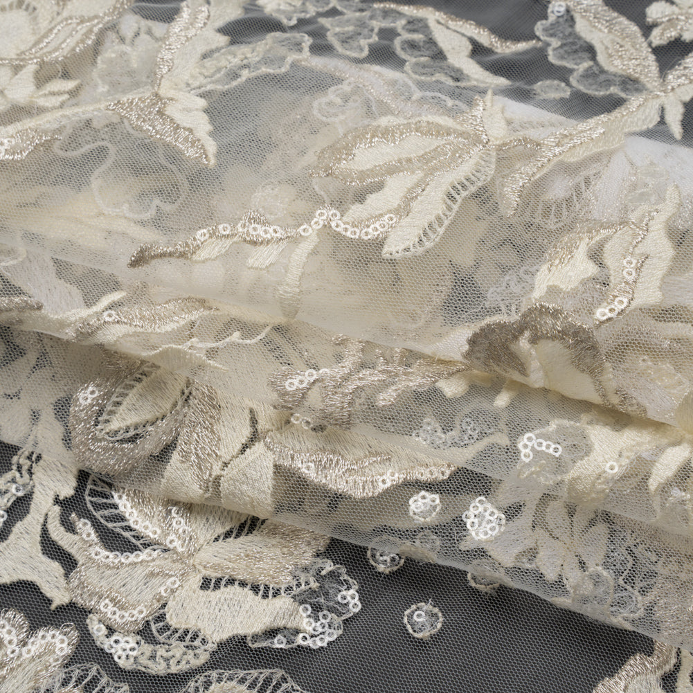 Metallic Embroidered Lace Tulle with Clear Baby Sequins - Ivory and Silver Floral Metallic Embroidered Lace Tulle with Clear Baby Sequins - Ivory and Silver Floral