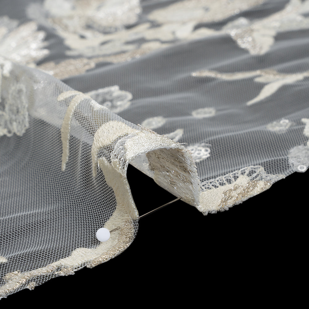 Metallic Embroidered Lace Tulle with Clear Baby Sequins - Ivory and Silver Floral Metallic Embroidered Lace Tulle with Clear Baby Sequins - Ivory and Silver Floral