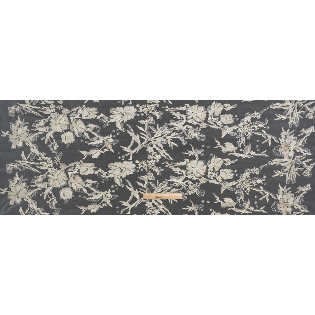 Metallic Embroidered Lace Tulle with Clear Baby Sequins - Ivory and Silver Floral Metallic Embroidered Lace Tulle with Clear Baby Sequins - Ivory and Silver Floral