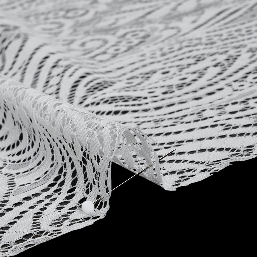 Raschel Lace with Scalloped Finished Edges - White Abstracted Floral Raschel Lace with Scalloped Finished Edges - White Abstracted Floral