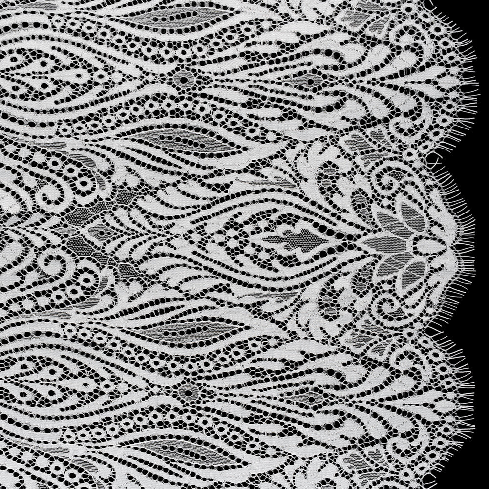 Raschel Lace with Scalloped Finished Edges - White Abstracted Floral Raschel Lace with Scalloped Finished Edges - White Abstracted Floral