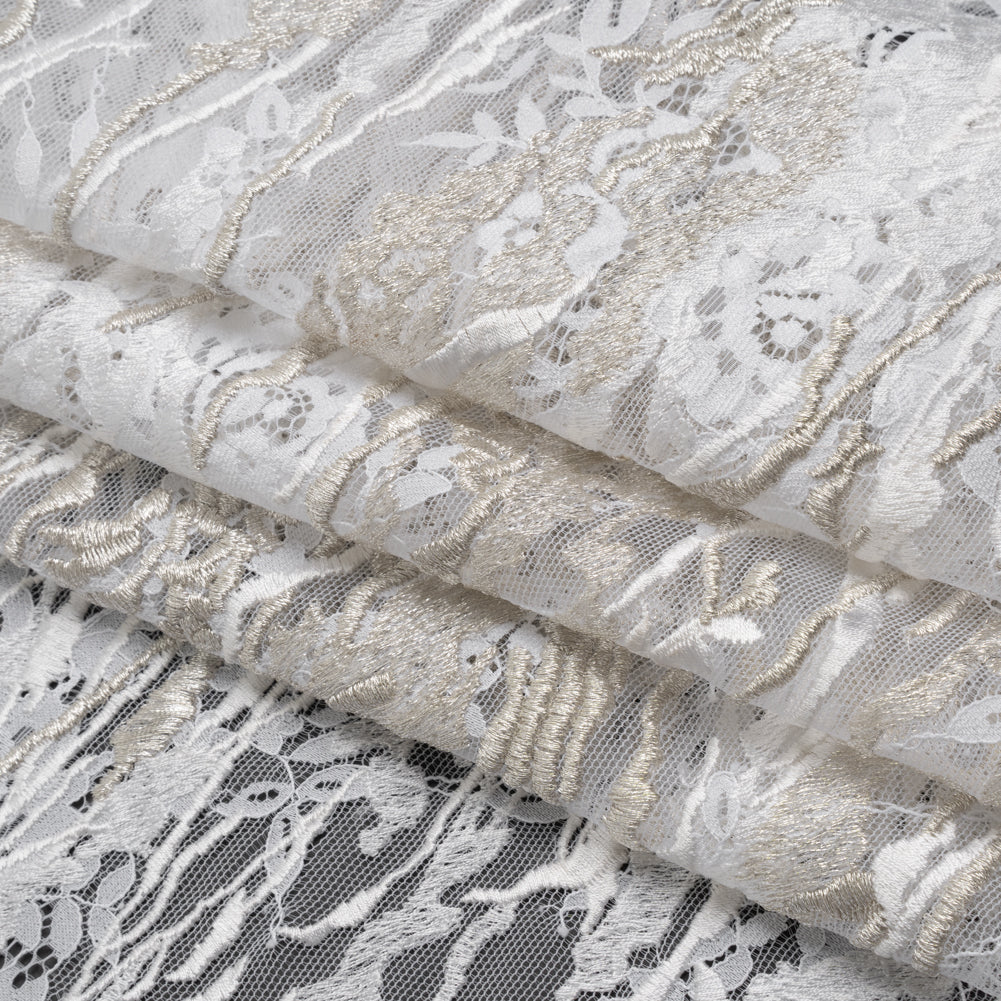 Metallic Embroidered Raschel Lace - Off White and Silver Floral and Waves with Scalloped Border Metallic Embroidered Raschel Lace - Off White and Silver Floral and Waves with Scalloped Border