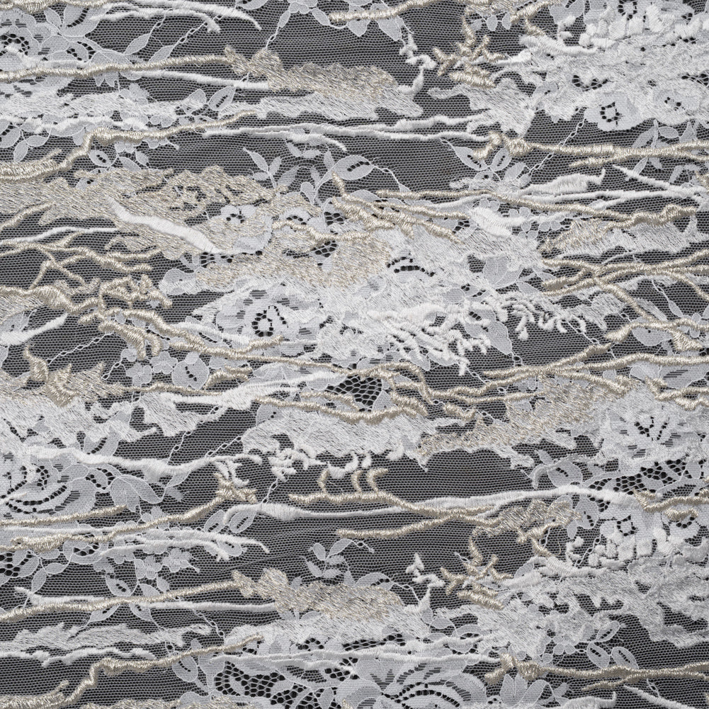 Metallic Embroidered Raschel Lace - Off White and Silver Floral and Waves with Scalloped Border Metallic Embroidered Raschel Lace - Off White and Silver Floral and Waves with Scalloped Border