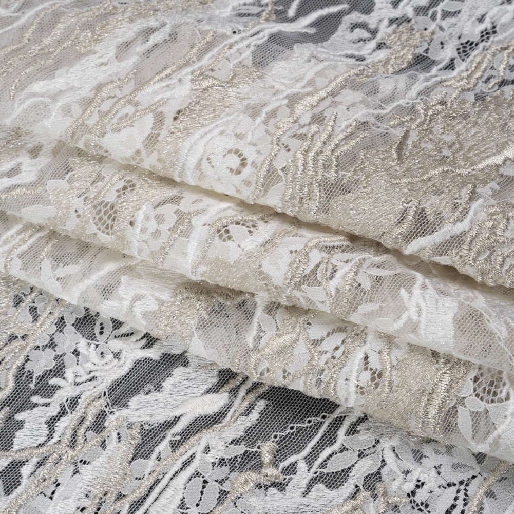 Metallic Embroidered Raschel Lace - Off White and Silver Floral and Waves with Scalloped Border Metallic Embroidered Raschel Lace - Off White and Silver Floral and Waves with Scalloped Border