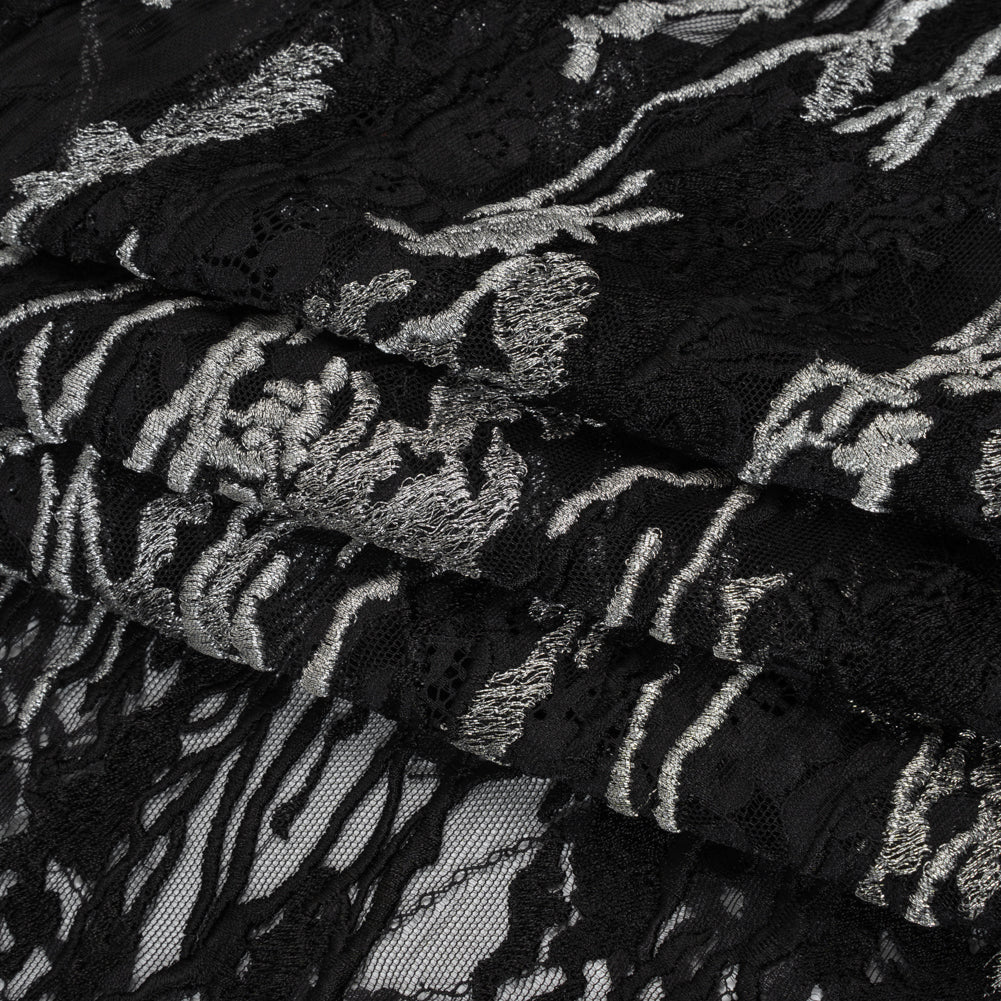 Metallic Embroidered Raschel Lace - Black and Silver Floral and Waves with Scalloped Border Metallic Embroidered Raschel Lace - Black and Silver Floral and Waves with Scalloped Border