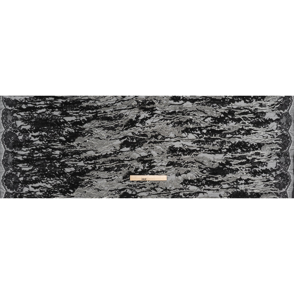 Metallic Embroidered Raschel Lace - Black and Silver Floral and Waves with Scalloped Border Metallic Embroidered Raschel Lace - Black and Silver Floral and Waves with Scalloped Border