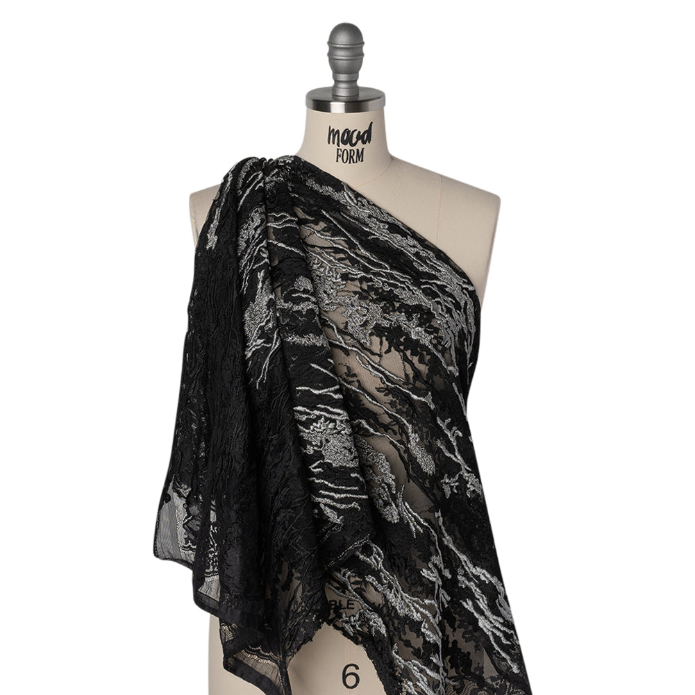 Metallic Embroidered Raschel Lace - Black and Silver Floral and Waves with Scalloped Border Metallic Embroidered Raschel Lace - Black and Silver Floral and Waves with Scalloped Border