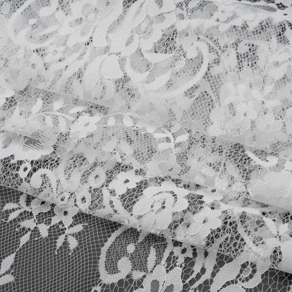 Nylon Raschel Lace - White Fancy Floral with Scalloped Borders Nylon Raschel Lace - White Fancy Floral with Scalloped Borders