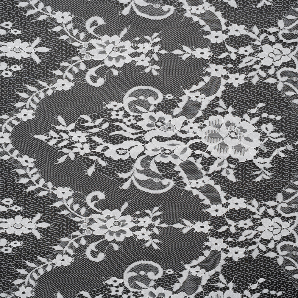 Nylon Raschel Lace - White Fancy Floral with Scalloped Borders Nylon Raschel Lace - White Fancy Floral with Scalloped Borders