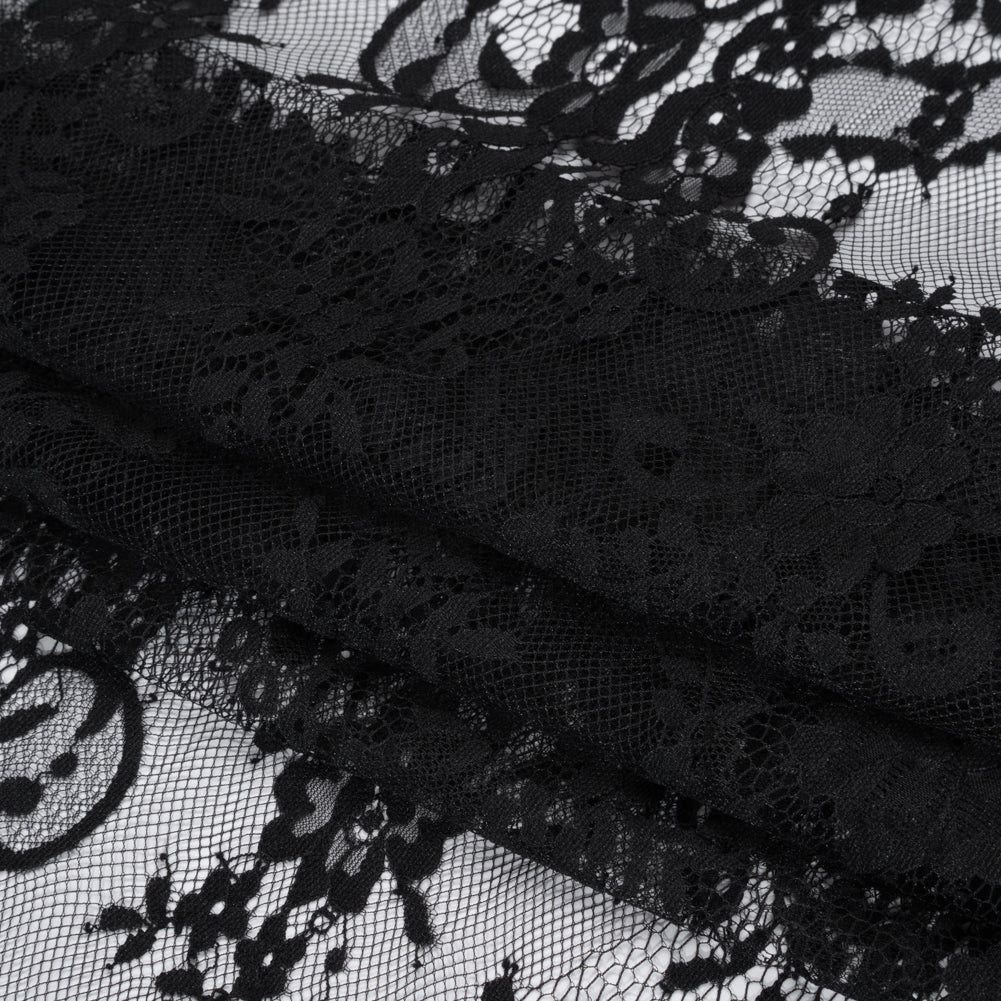 Nylon Raschel Lace - Black Fancy Floral with Scalloped Borders Nylon Raschel Lace - Black Fancy Floral with Scalloped Borders