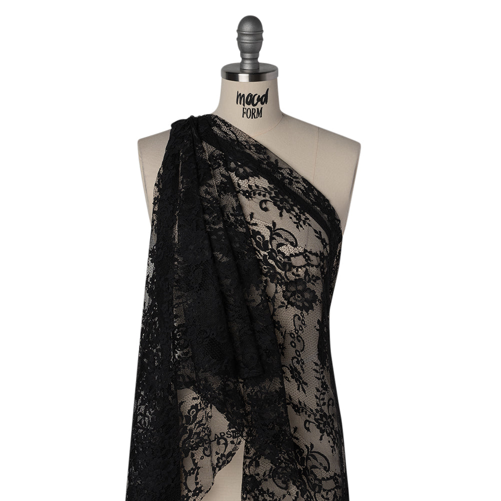 Nylon Raschel Lace - Black Fancy Floral with Scalloped Borders Nylon Raschel Lace - Black Fancy Floral with Scalloped Borders