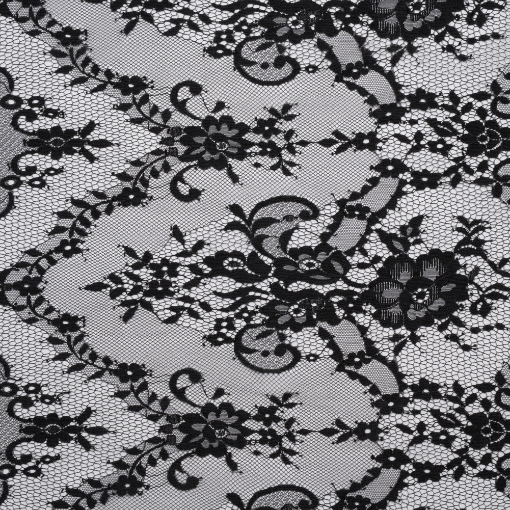 Nylon Raschel Lace - Black Fancy Floral with Scalloped Borders Nylon Raschel Lace - Black Fancy Floral with Scalloped Borders