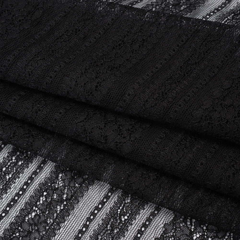 Re-Embroidered Nylon Lace - Black Floral Stripes Re-Embroidered Nylon Lace - Black Floral Stripes