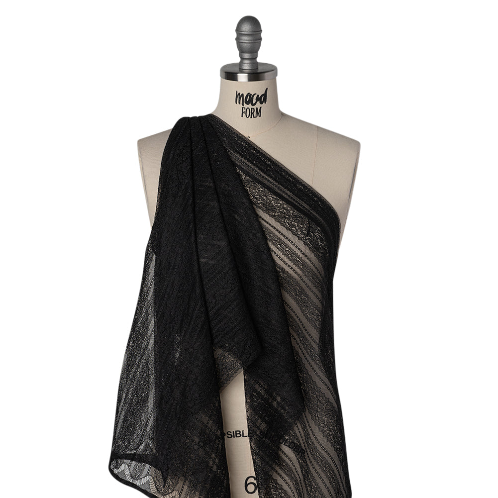 Re-Embroidered Nylon Lace - Black Floral Stripes Re-Embroidered Nylon Lace - Black Floral Stripes