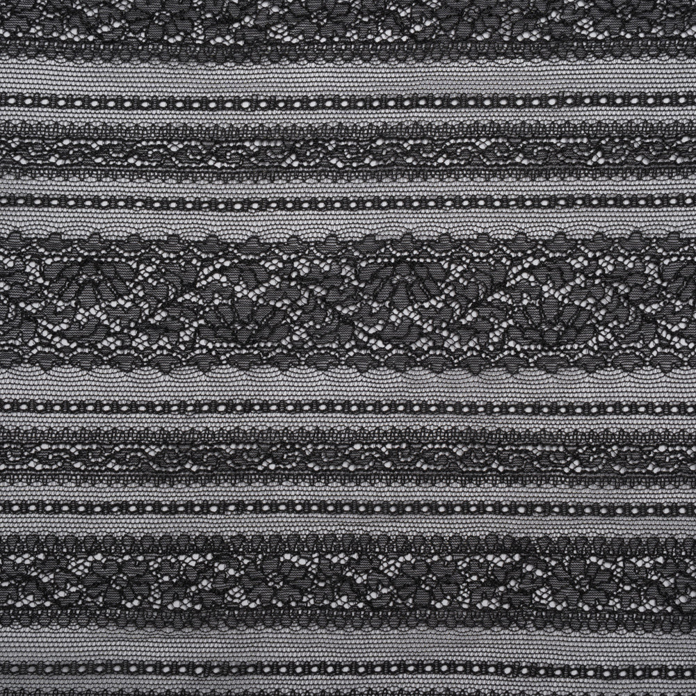 Re-Embroidered Nylon Lace - Black Floral Stripes Re-Embroidered Nylon Lace - Black Floral Stripes