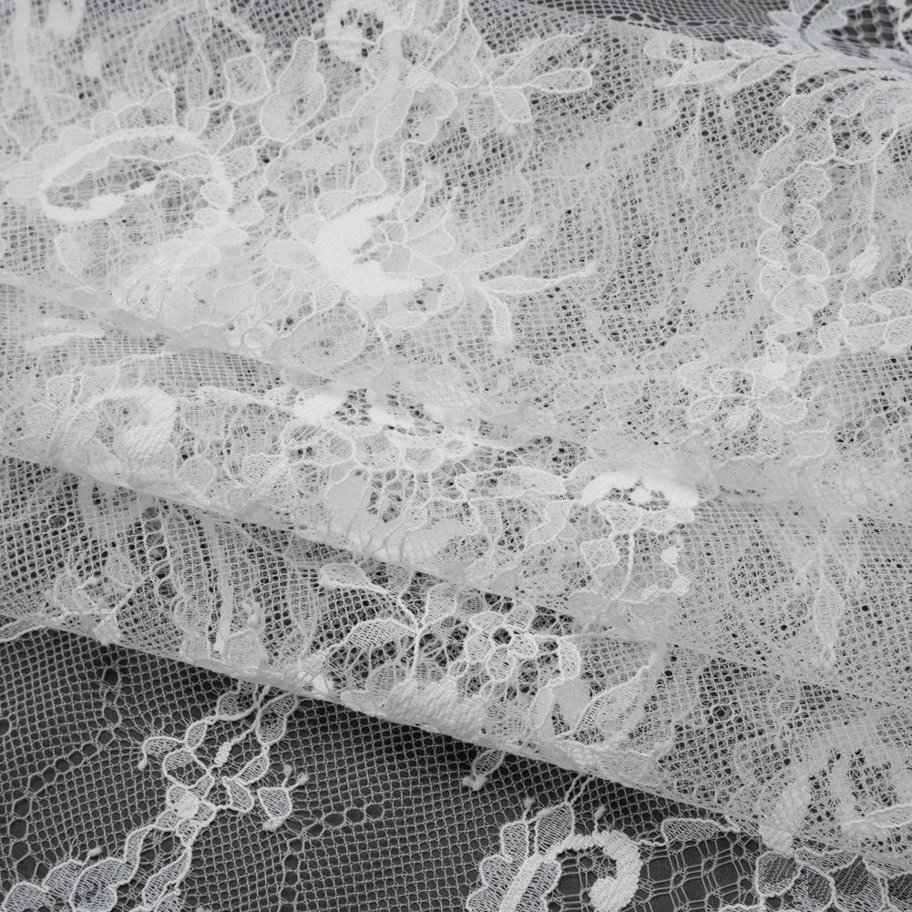 Nylon Re-Embroidered Lace - White Paisley Floral Swirl with Scalloped Borders Nylon Re-Embroidered Lace - White Paisley Floral Swirl with Scalloped Borders