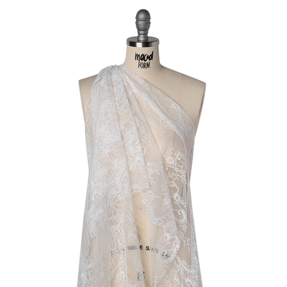 Nylon Re-Embroidered Lace - White Paisley Floral Swirl with Scalloped Borders Nylon Re-Embroidered Lace - White Paisley Floral Swirl with Scalloped Borders