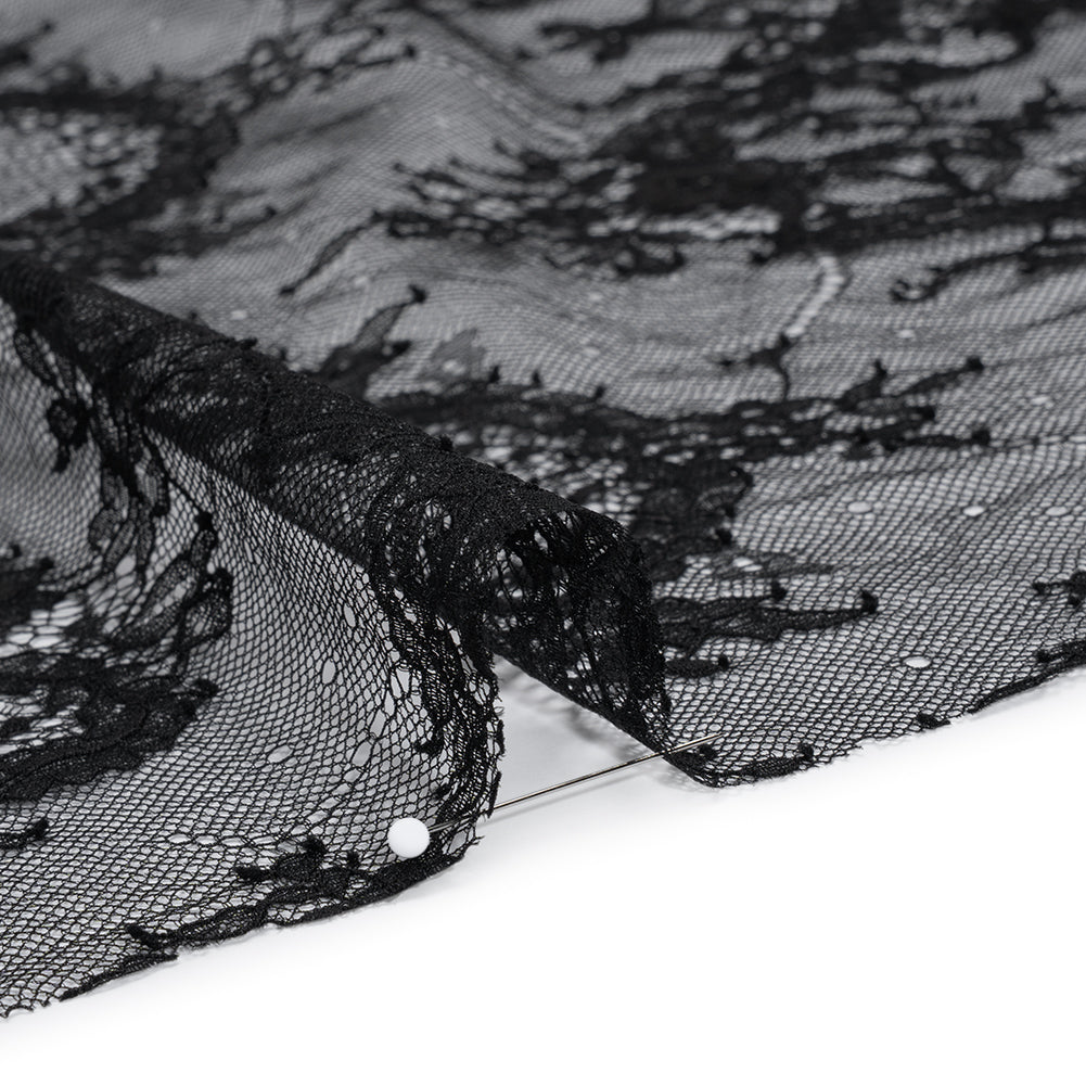 Nylon Re-Embroidered Lace - Black Paisley Floral Swirl with Scalloped Borders Nylon Re-Embroidered Lace - Black Paisley Floral Swirl with Scalloped Borders