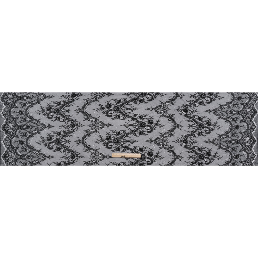 Nylon Re-Embroidered Lace - Black Paisley Floral Swirl with Scalloped Borders Nylon Re-Embroidered Lace - Black Paisley Floral Swirl with Scalloped Borders