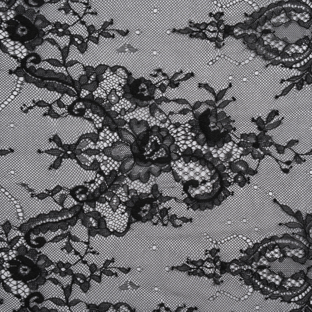 Nylon Re-Embroidered Lace - Black Paisley Floral Swirl with Scalloped Borders Nylon Re-Embroidered Lace - Black Paisley Floral Swirl with Scalloped Borders