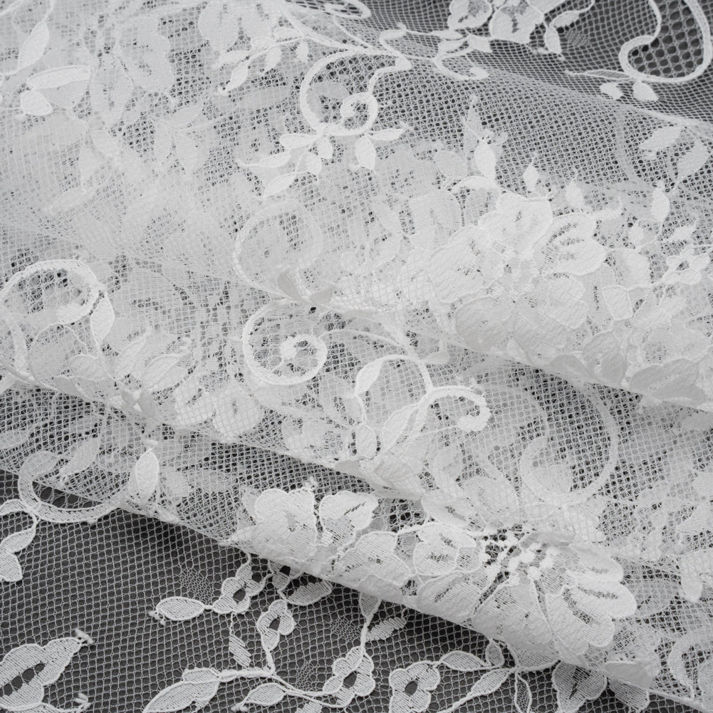 Nylon Re-Embroidered Lace - White Floral Swirly Vines with Scalloped Borders Nylon Re-Embroidered Lace - White Floral Swirly Vines with Scalloped Borders