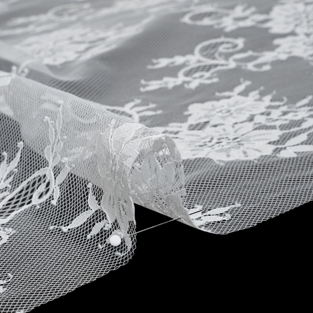 Nylon Re-Embroidered Lace - White Floral Swirly Vines with Scalloped Borders Nylon Re-Embroidered Lace - White Floral Swirly Vines with Scalloped Borders