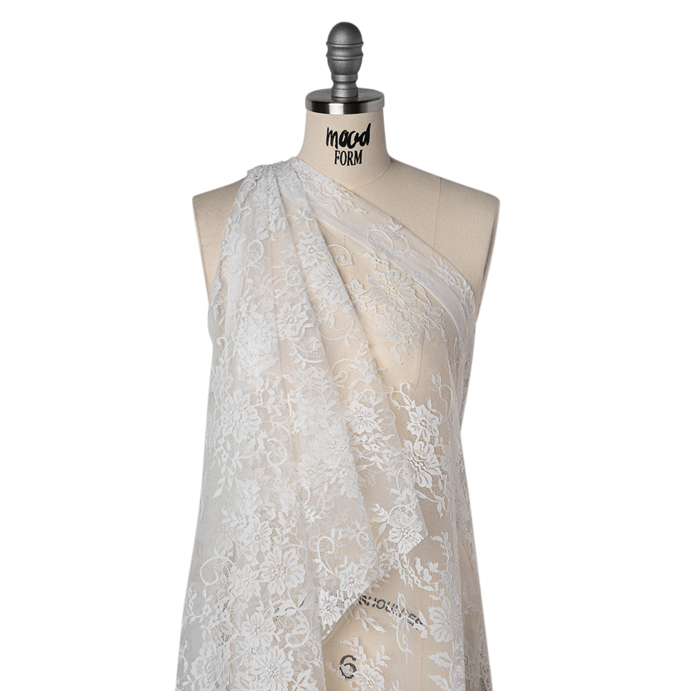 Nylon Re-Embroidered Lace - White Floral Swirly Vines with Scalloped Borders Nylon Re-Embroidered Lace - White Floral Swirly Vines with Scalloped Borders