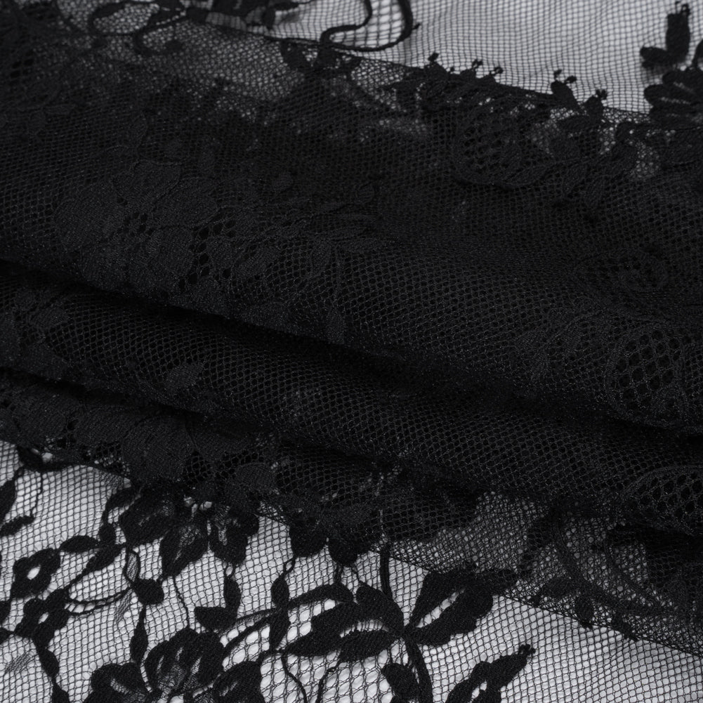 Nylon Re-Embroidered Lace - Black Floral Swirly Vines with Scalloped Borders Nylon Re-Embroidered Lace - Black Floral Swirly Vines with Scalloped Borders