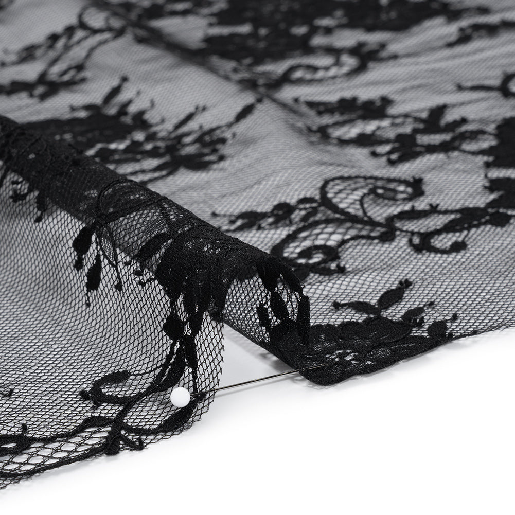 Nylon Re-Embroidered Lace - Black Floral Swirly Vines with Scalloped Borders Nylon Re-Embroidered Lace - Black Floral Swirly Vines with Scalloped Borders