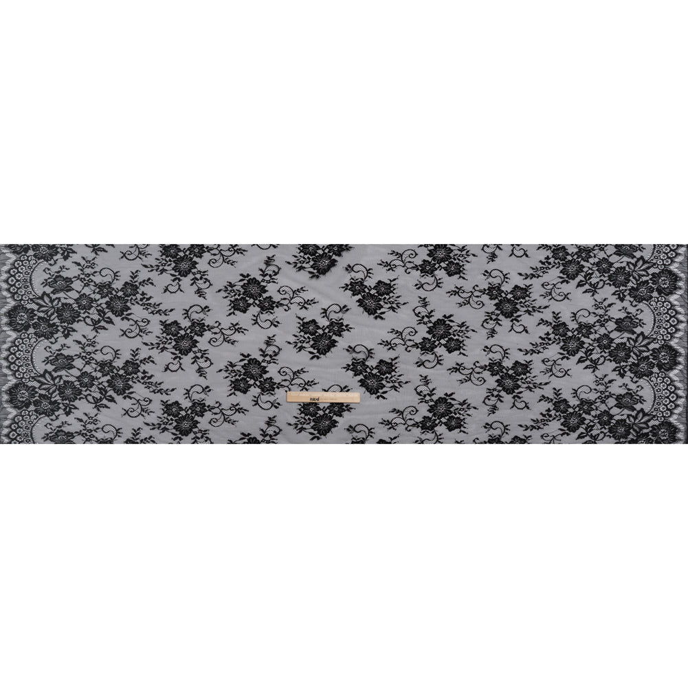 Nylon Re-Embroidered Lace - Black Floral Swirly Vines with Scalloped Borders Nylon Re-Embroidered Lace - Black Floral Swirly Vines with Scalloped Borders