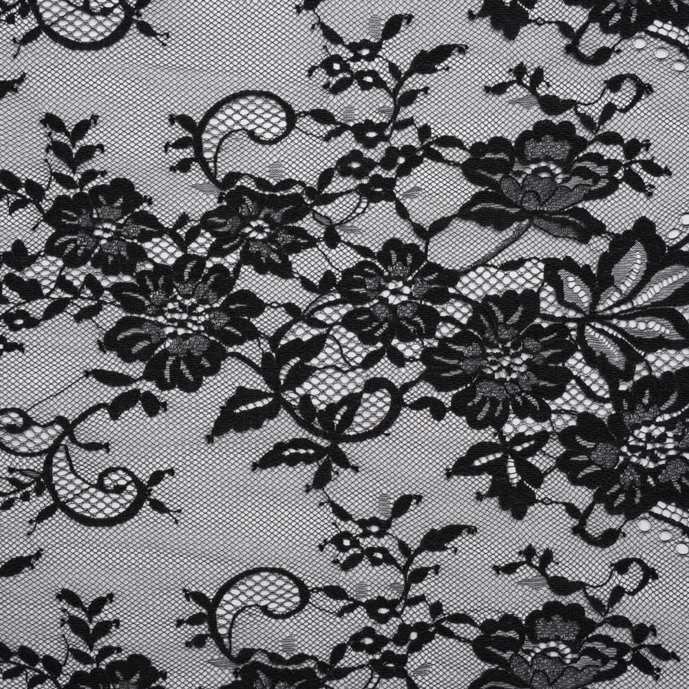Nylon Re-Embroidered Lace - Black Floral Swirly Vines with Scalloped Borders Nylon Re-Embroidered Lace - Black Floral Swirly Vines with Scalloped Borders