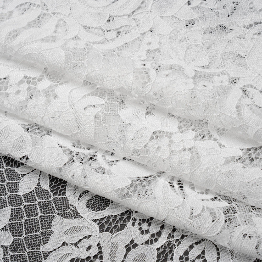 Nylon Re-Embroidered Lace - White Floral Damask with Scalloped Borders Nylon Re-Embroidered Lace - White Floral Damask with Scalloped Borders