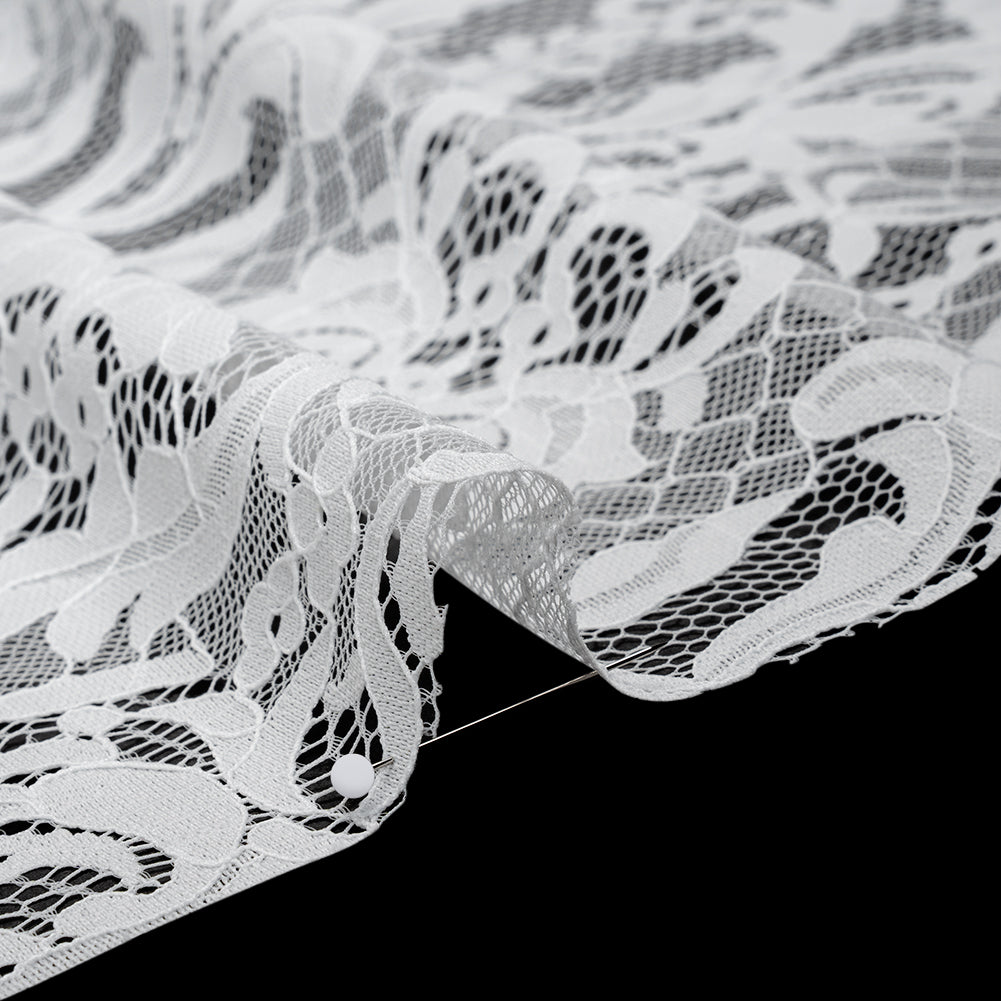 Nylon Re-Embroidered Lace - White Floral Damask with Scalloped Borders Nylon Re-Embroidered Lace - White Floral Damask with Scalloped Borders
