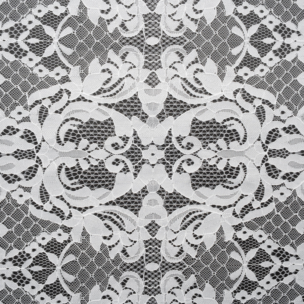 Nylon Re-Embroidered Lace - White Floral Damask with Scalloped Borders Nylon Re-Embroidered Lace - White Floral Damask with Scalloped Borders