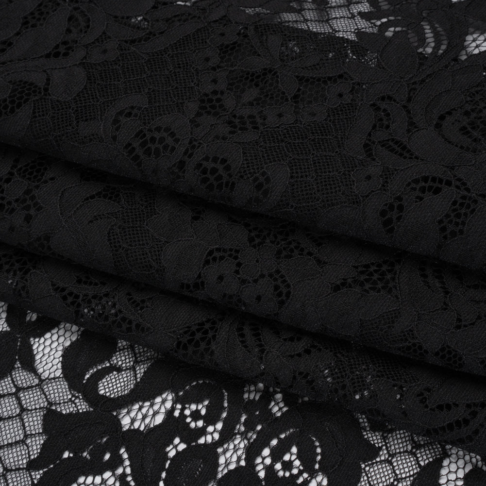 Nylon Re-Embroidered Lace - Black Floral Damask with Scalloped Borders Nylon Re-Embroidered Lace - Black Floral Damask with Scalloped Borders