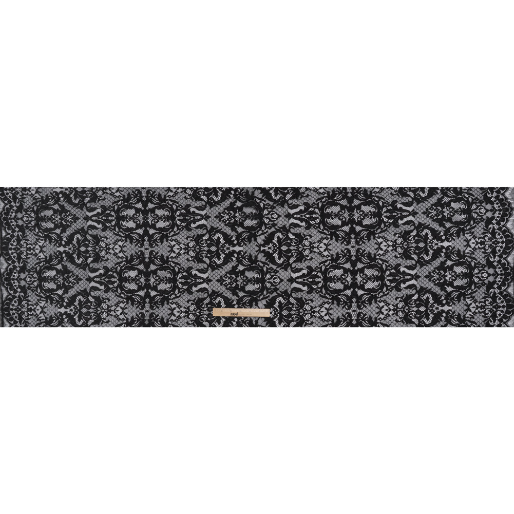 Nylon Re-Embroidered Lace - Black Floral Damask with Scalloped Borders Nylon Re-Embroidered Lace - Black Floral Damask with Scalloped Borders