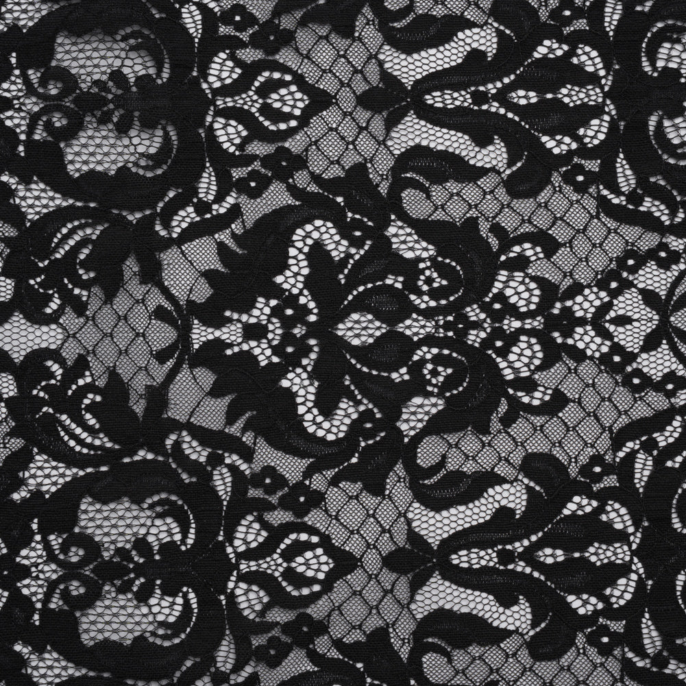 Nylon Re-Embroidered Lace - Black Floral Damask with Scalloped Borders Nylon Re-Embroidered Lace - Black Floral Damask with Scalloped Borders