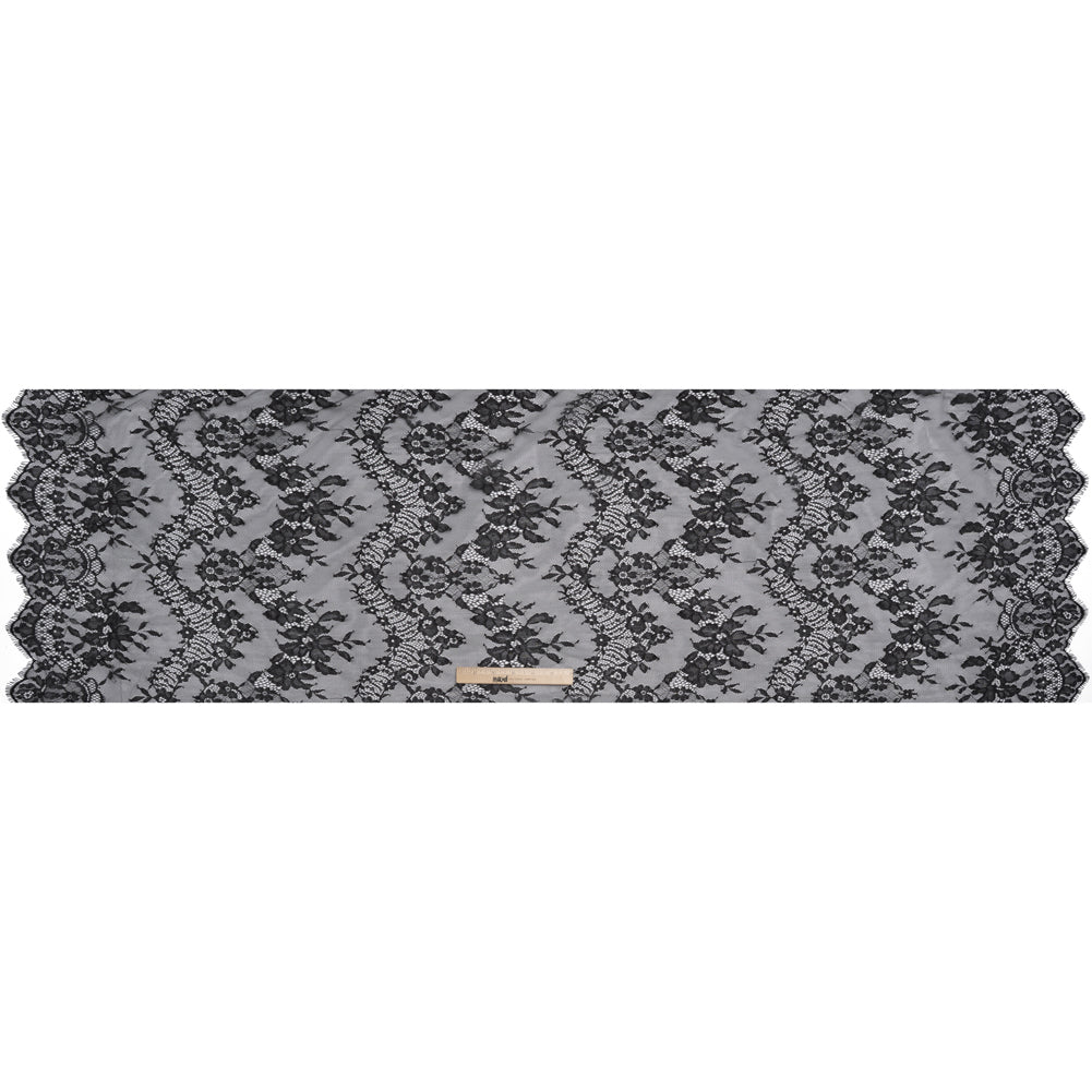 Chantilly Lace with Finished Scalloped Edges - Black Fancy Florals - Full Chantilly Lace with Finished Scalloped Edges - Black Fancy Florals - Full