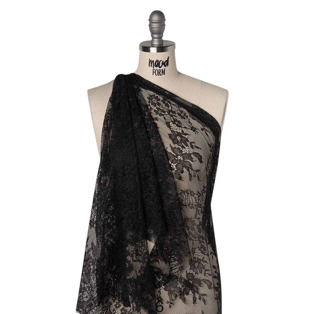 Chantilly Lace with Finished Scalloped Edges - Black Fancy Florals Drape Chantilly Lace with Finished Scalloped Edges - Black Fancy Florals Drape