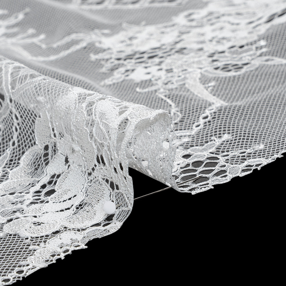 Luminous Re-Embroidered Lace with Finished Scalloped Edges - White Floral and Diamond Lattices Detail Luminous Re-Embroidered Lace with Finished Scalloped Edges - White Floral and Diamond Lattices Detail