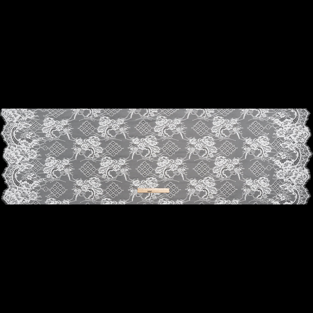 Luminous Re-Embroidered Lace with Finished Scalloped Edges - White Floral and Diamond Lattices - Full Luminous Re-Embroidered Lace with Finished Scalloped Edges - White Floral and Diamond Lattices - Full