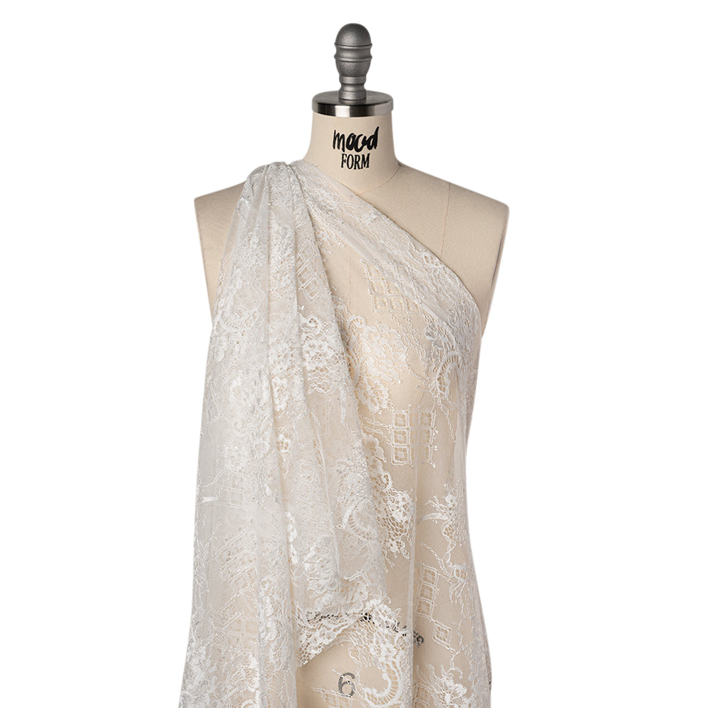 Luminous Re-Embroidered Lace with Finished Scalloped Edges - White Floral and Diamond Lattices Drape Luminous Re-Embroidered Lace with Finished Scalloped Edges - White Floral and Diamond Lattices Drape