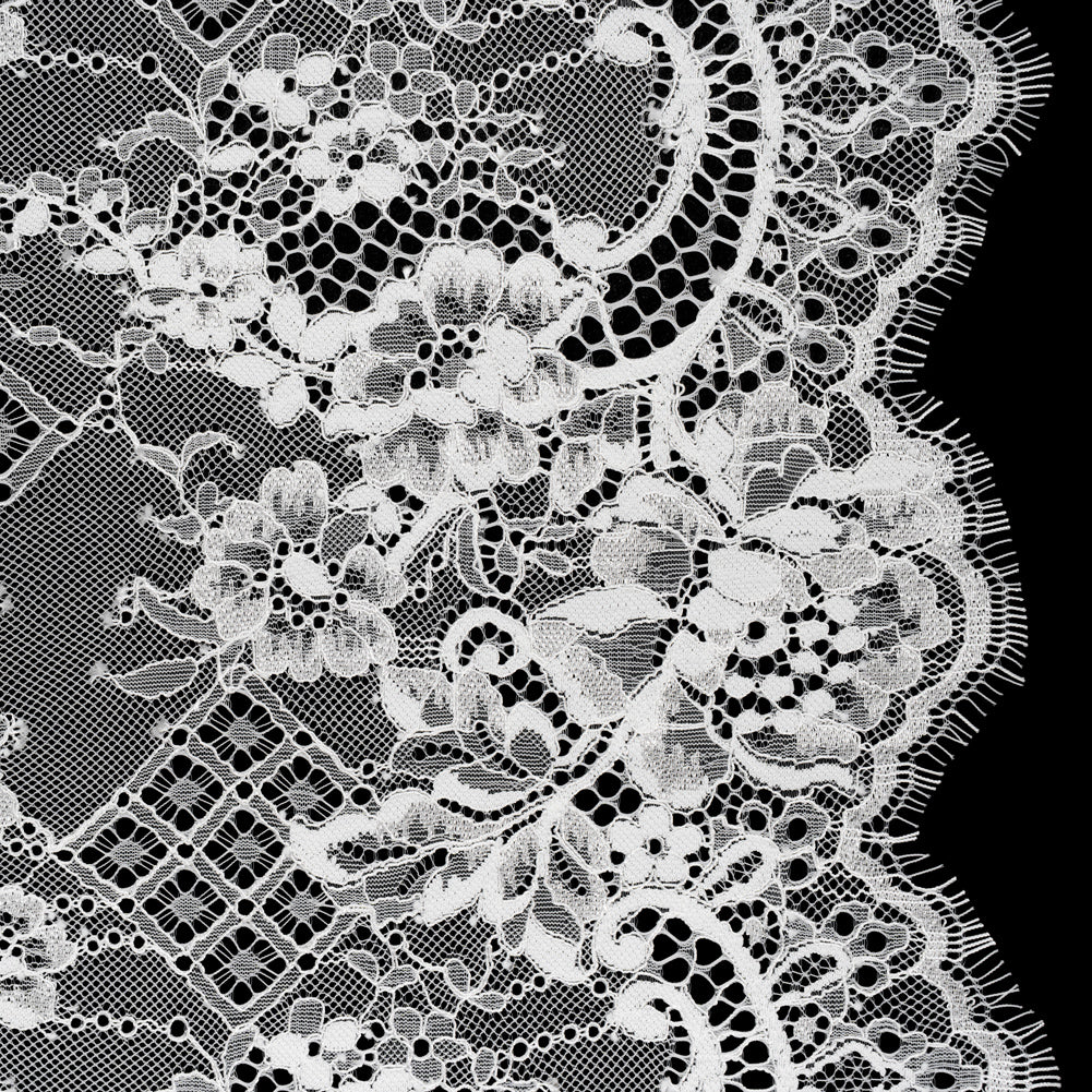 Luminous Re-Embroidered Lace with Finished Scalloped Edges - White Floral and Diamond Lattices Luminous Re-Embroidered Lace with Finished Scalloped Edges - White Floral and Diamond Lattices