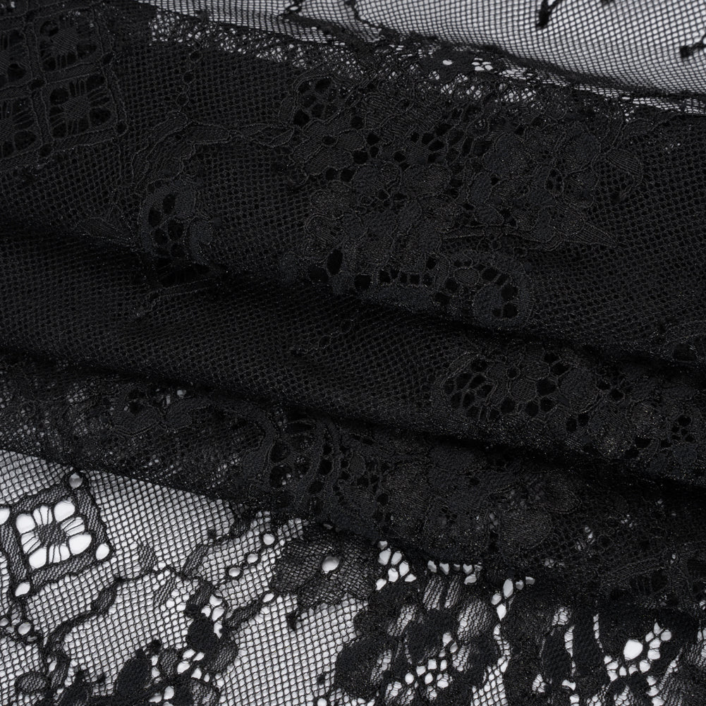 Luminous Re-Embroidered Lace with Finished Scalloped Edges - Black Floral and Diamond Lattices Folded Luminous Re-Embroidered Lace with Finished Scalloped Edges - Black Floral and Diamond Lattices Folded