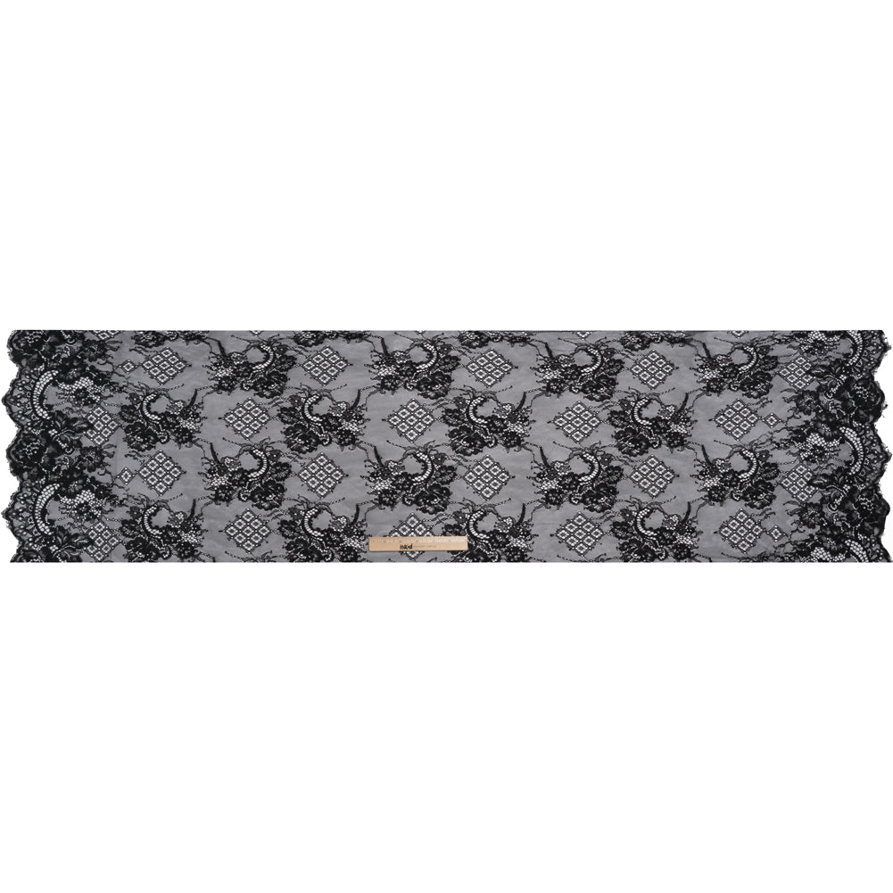 Luminous Re-Embroidered Lace with Finished Scalloped Edges - Black Floral and Diamond Lattices - Full Luminous Re-Embroidered Lace with Finished Scalloped Edges - Black Floral and Diamond Lattices - Full