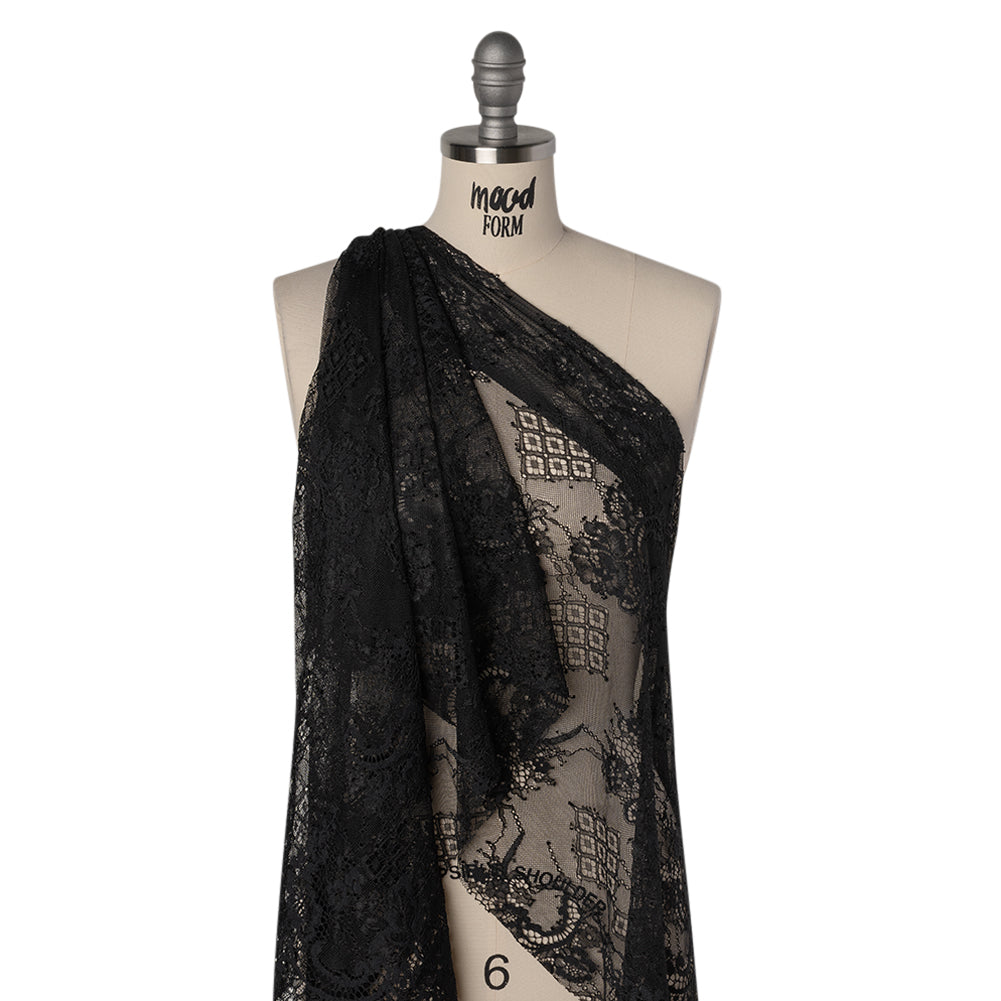 Luminous Re-Embroidered Lace with Finished Scalloped Edges - Black Floral and Diamond Lattices Drape Luminous Re-Embroidered Lace with Finished Scalloped Edges - Black Floral and Diamond Lattices Drape