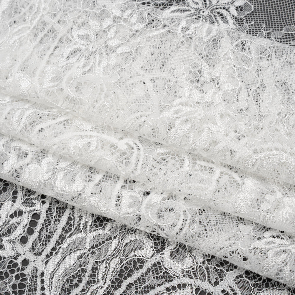 Luminous Re-Embroidered Lace - Off White Floral and Paisley with Scalloped Border Folded Luminous Re-Embroidered Lace - Off White Floral and Paisley with Scalloped Border Folded