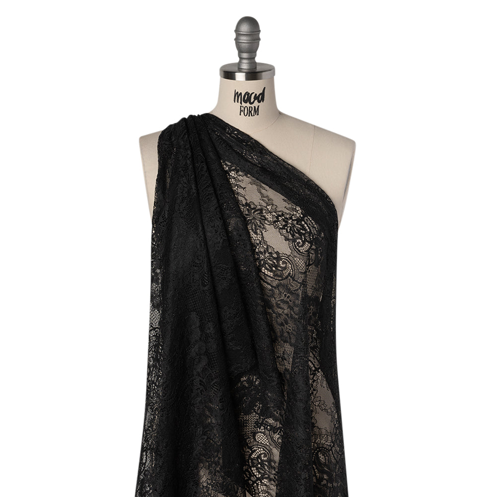 Luminous Re-Embroidered Lace - Black Floral and Paisley with Scalloped Border Drape Luminous Re-Embroidered Lace - Black Floral and Paisley with Scalloped Border Drape