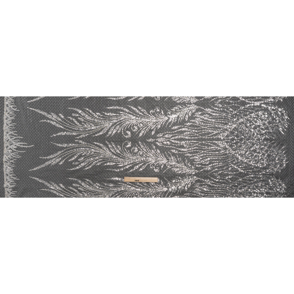 Embroidered Lace Netting with Sequins - Off White and Silver Water Plants on Lattice - Full Embroidered Lace Netting with Sequins - Off White and Silver Water Plants on Lattice - Full